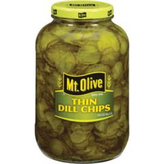 Mt. Olive Thin Dill Pickle Chips in gallon jar, sliced and ready for burgers or sandwiches