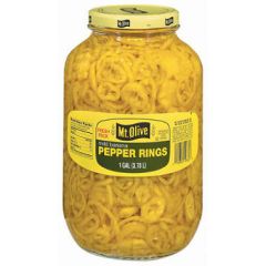 Gallon jar of Mt. Olive Mild Banana Pepper Rings with label.