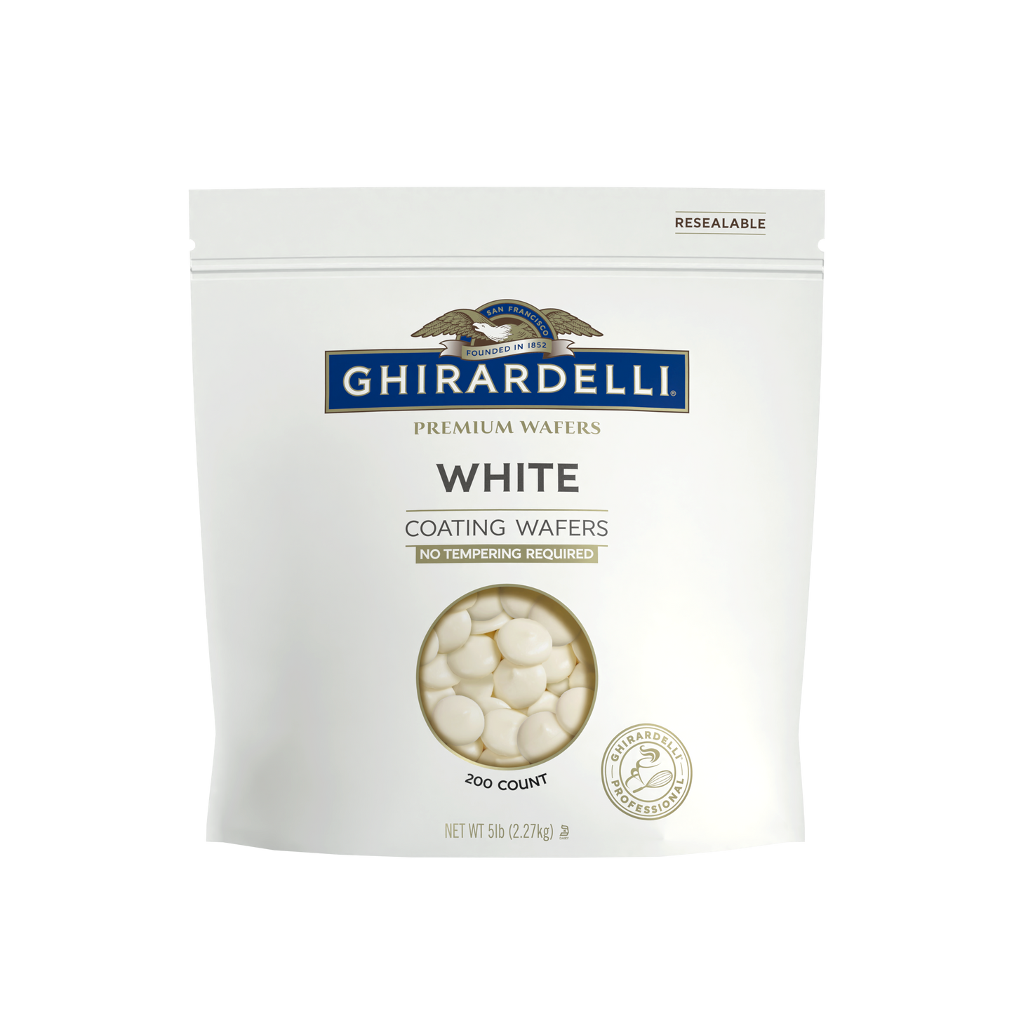Ghirardelli 5 lb white coating wafers in resealable bulk bag for baking and dipping
