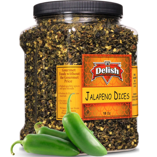 Dehydrated Jalapeno Dices in 18 oz container by Delish ready for cooking
