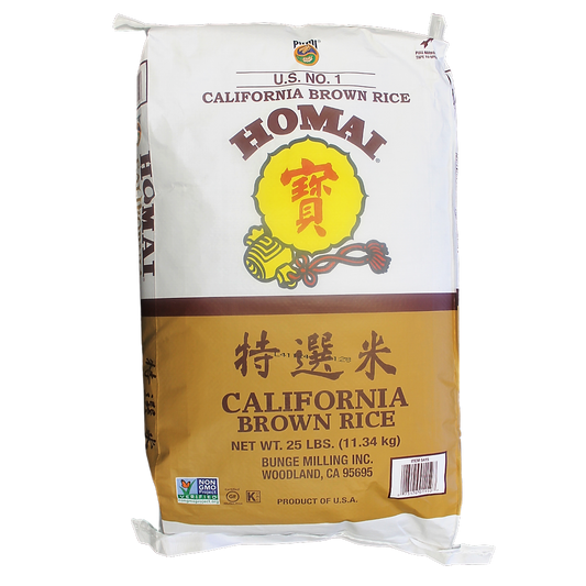 Homai Calrose Brown Rice 25 lb bulk bag premium medium grain