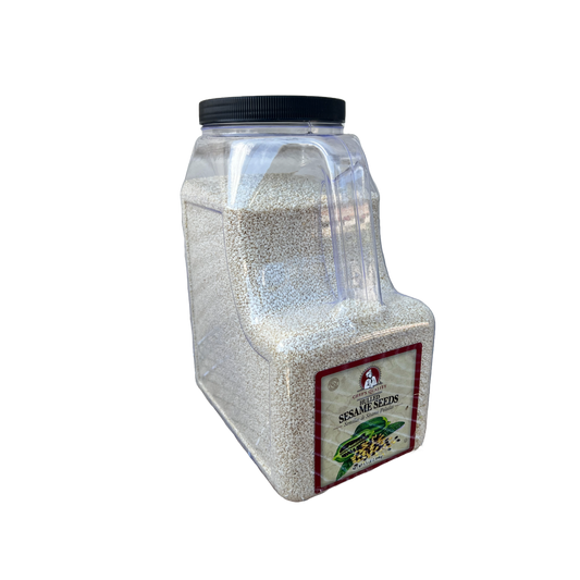 Chef's Quality Hulled Sesame Seeds 5.5 lbs bulk bag showing clear labeling and product