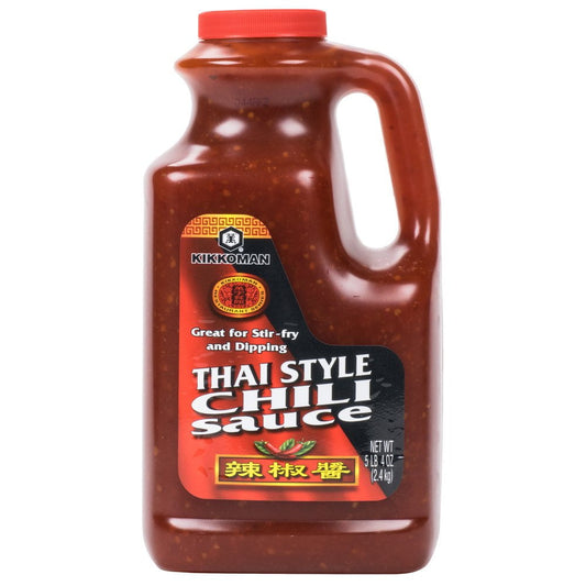 Kikkoman Thai Style Chili Sauce 5 lb jug with red sweet-hot condiment label