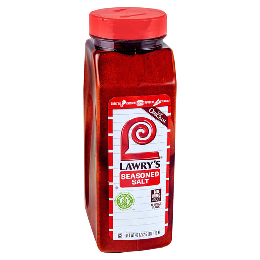 Lawry's Seasoned Salt 40 oz plastic shaker, featuring red cap and classic label design