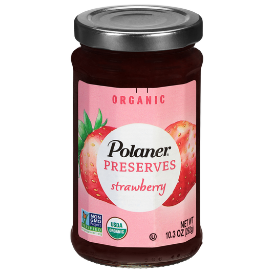 Polaner Strawberry Preserves 4 lb Jar with red fruit jam in clear packaging