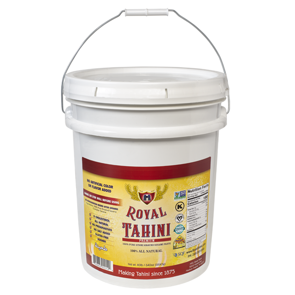 Royal Tahina Bulk 40 lb pail - premium smooth sesame paste container front view