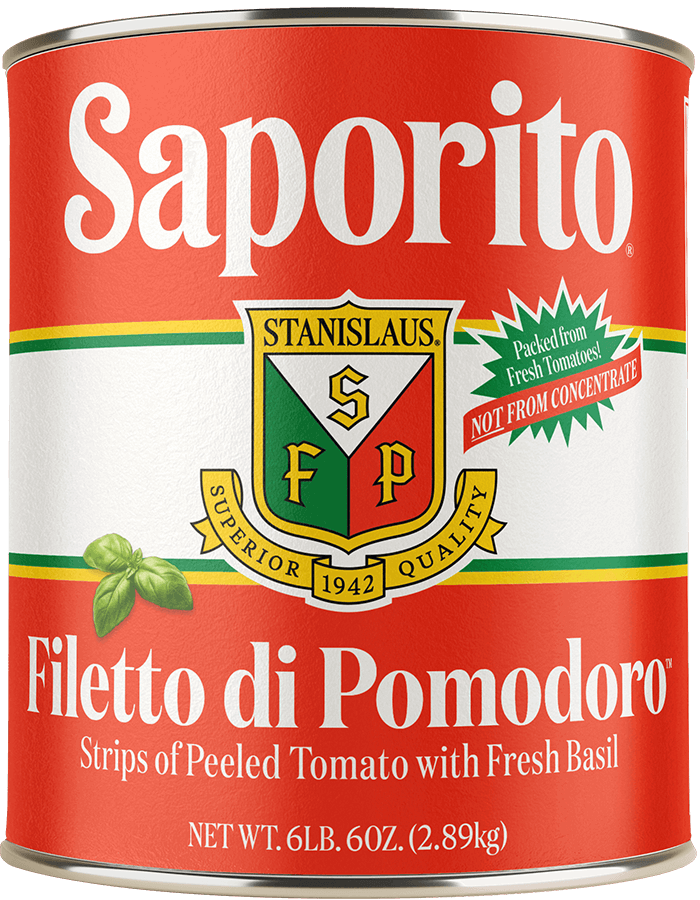 Saporito Filetto di Pomodoro 6 lb can Italian tomato fillets with basil