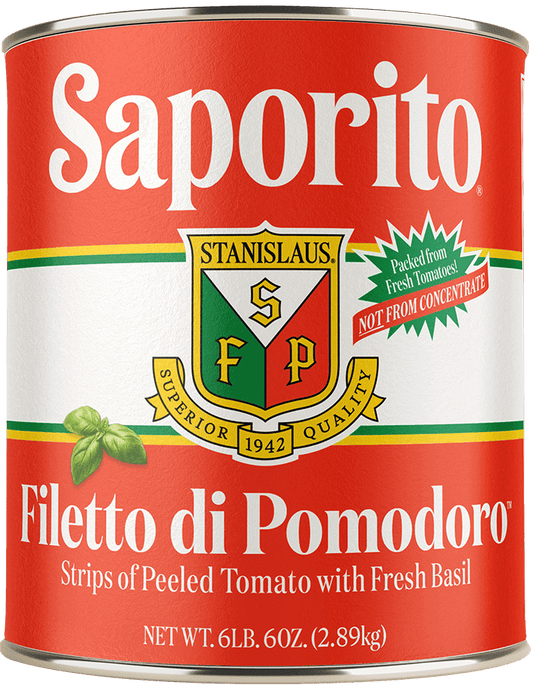 Saporito Filetto di Pomodoro 6 lb can Italian tomato fillets with basil