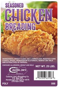 Colonel Jim's Seasoned Chicken Breading 25 lb bag bulk packaging