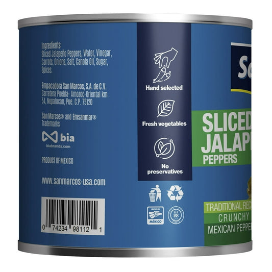 San Marcos Sliced Jalapenos in #10 can with label visible and product image