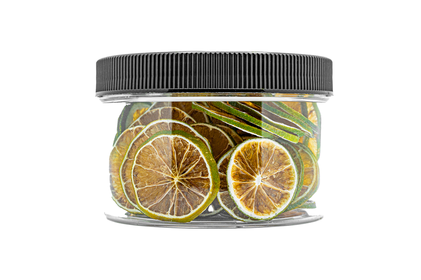 Bulk dehydrated lime slices in 24oz clear jar, ideal for cocktail garnishes