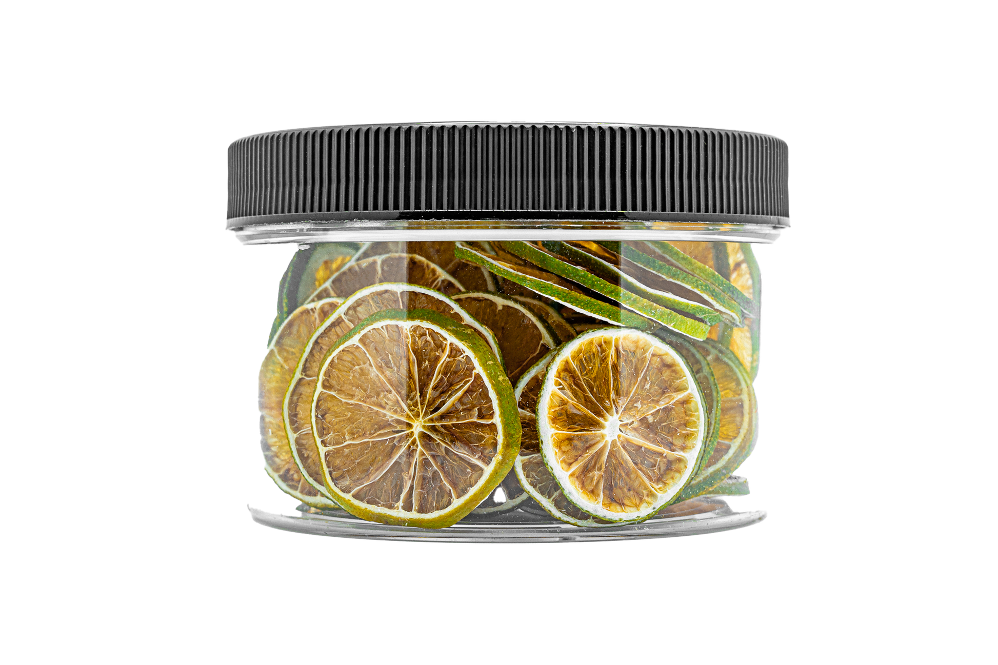 Bulk dehydrated lime slices in 24oz clear jar, ideal for cocktail garnishes