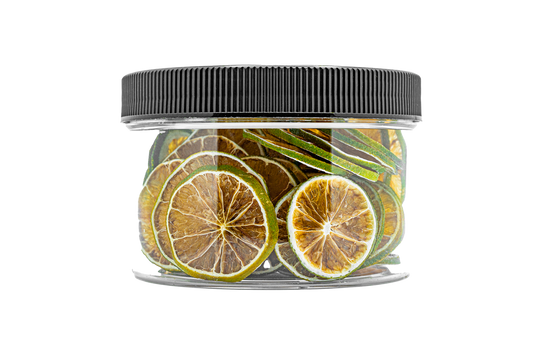Bulk dehydrated lime slices in 24oz clear jar, ideal for cocktail garnishes