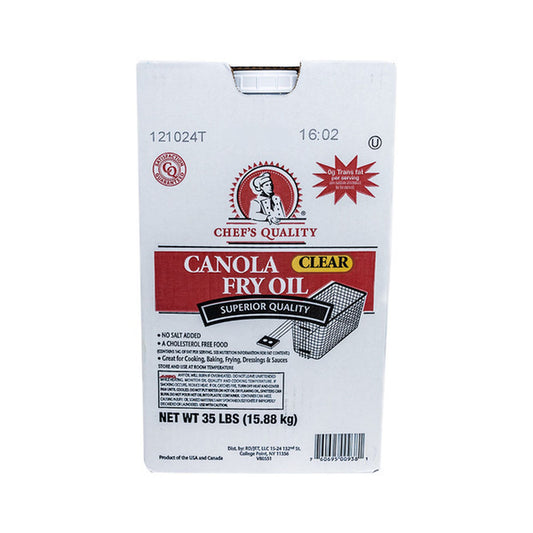 35-pound container of Chef's Quality Canola Frying Oil, bulk heavy duty, commercial kitchen