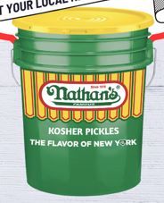 Nathan's 5 Gallon Refrigerated Kosher Dill Pickle Chips pail closeup