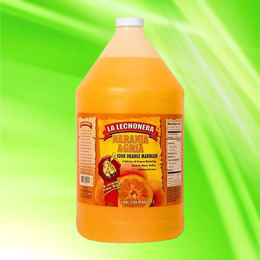 La Lechonera Naranja Agria Sour Orange Marinating Sauce 1 Gallon Jug front label in high resolution