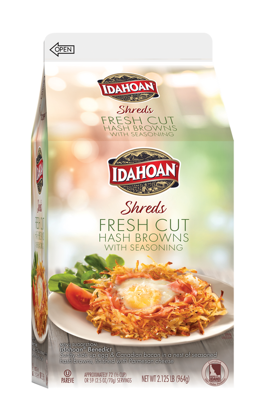 Idahoan Fresh Cut Hash Browns Potatoes 2.45 lb carton bulk packaging