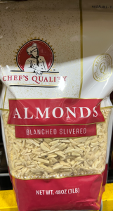Bulk 3 lb bag of Chef's Quality Slivered Blanched Almonds showcasing almond slivers