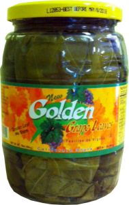 Golden brand 2 lb jar of grape leaves preserved in brine, perfect for Mediterranean and Middle Eastern recipes