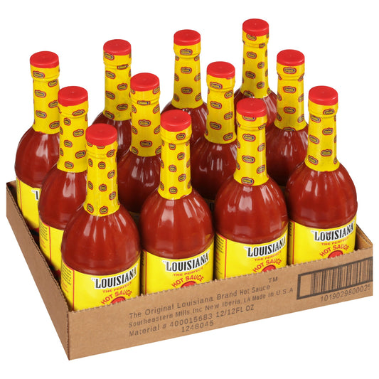 One-gallon jug of Louisiana Supreme Hot Sauce with bright red color and handle, ideal for bulk kitchens.