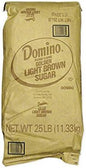 Domino Light Brown Sugar 25 lb bulk bag with golden brown granules clearly displayed