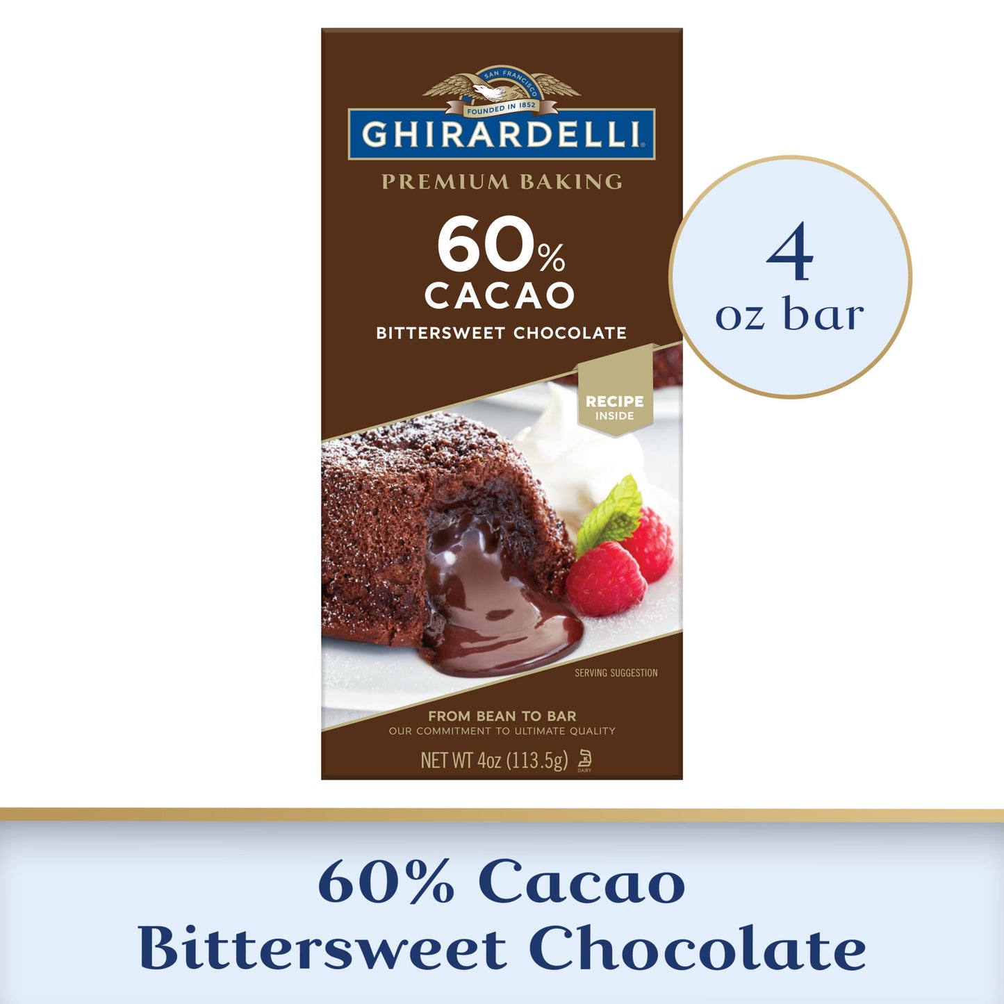 Bulk 5 lb Ghirardelli 60% Cacao Dark Chocolate Chips packaging and chocolate chips