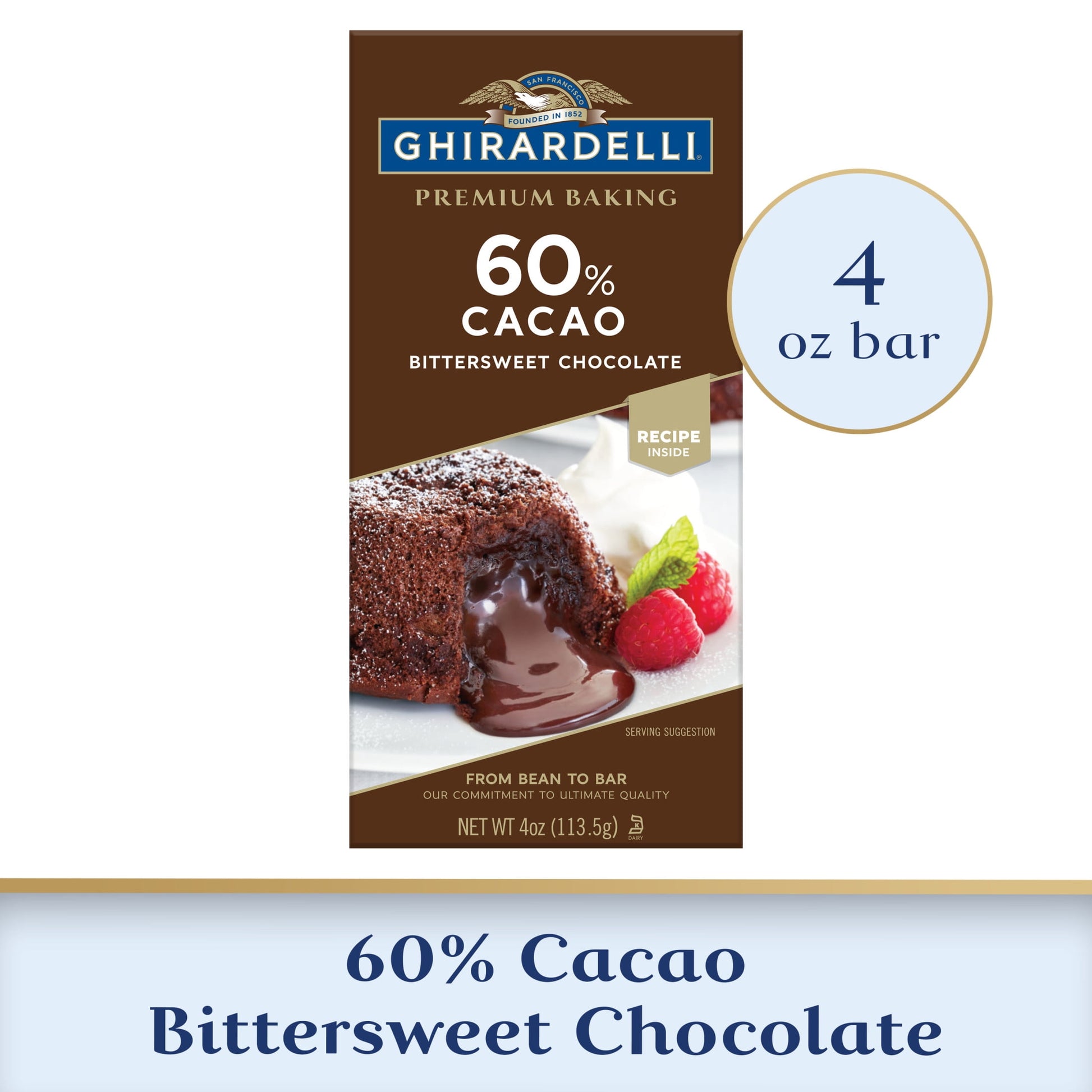Bulk 5 lb Ghirardelli 60% Cacao Dark Chocolate Chips packaging and chocolate chips
