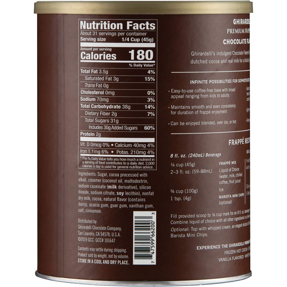 Front view of Ghirardelli Chocolate Flavored Frappe Mix 50 oz canister for blended beverages