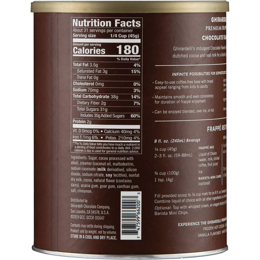 Front view of Ghirardelli Chocolate Flavored Frappe Mix 50 oz canister for blended beverages