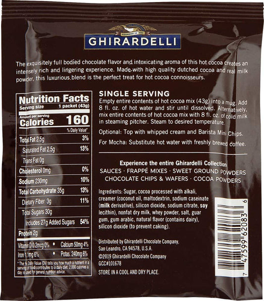 Ghirardelli Premium Hot Cocoa 1.5oz packets in retail box, 15 count with rich chocolate packaging