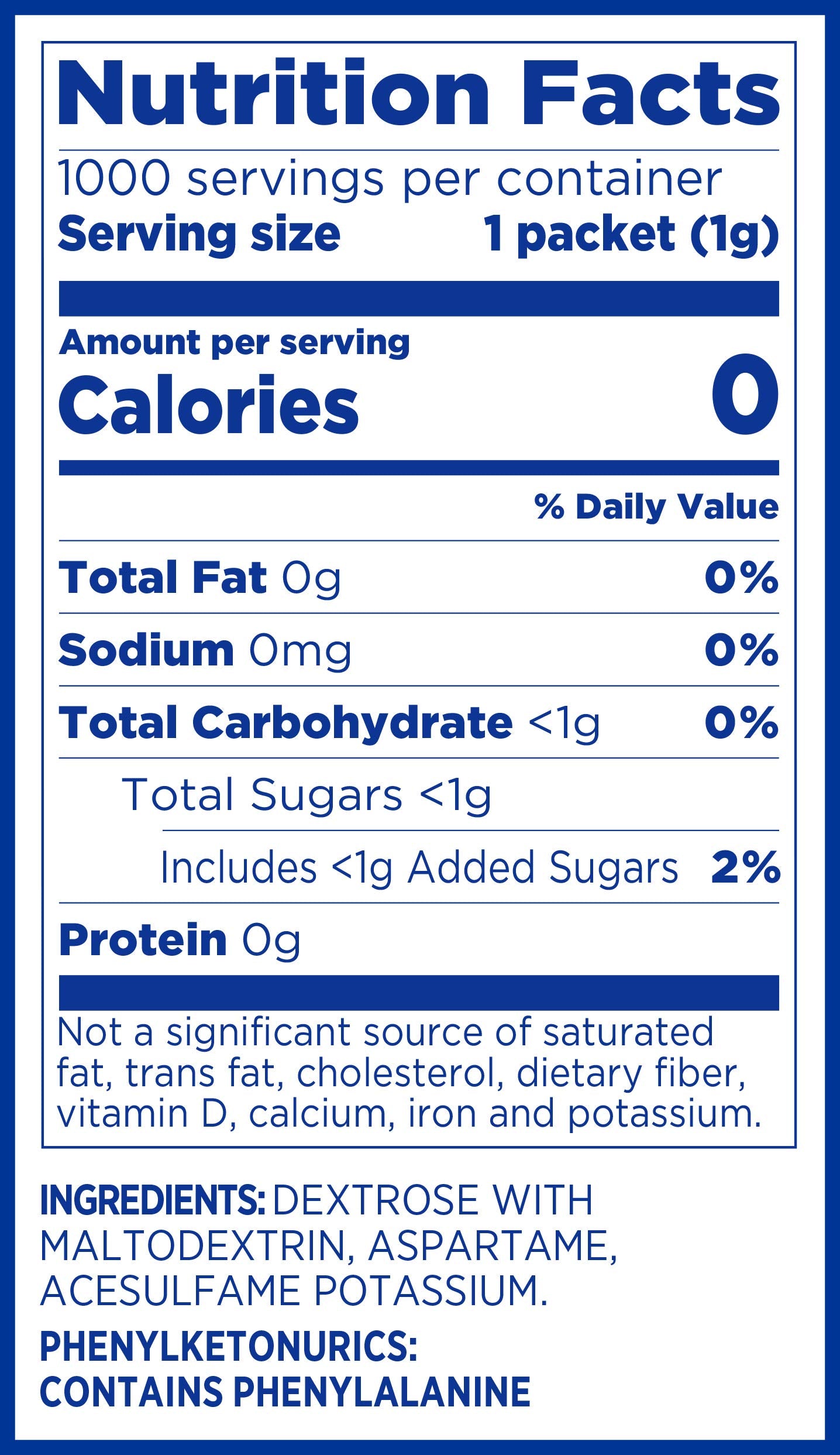 Equal Aspartame Blue Sweetener 1000 packets zero calorie sugar substitute box front view