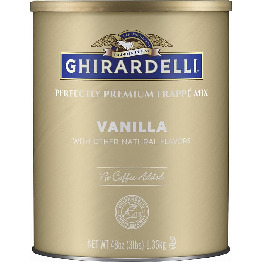 Ghirardelli Vanilla Frappe Mix 3lb can with Madagascar Bourbon vanilla imagery