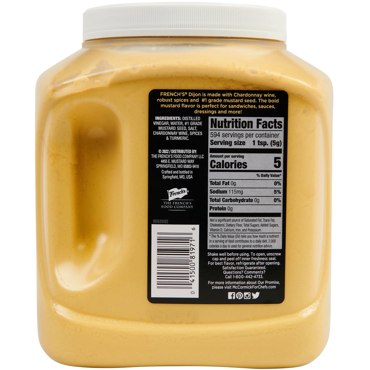 Front view of French's Dijon Mustard 105 ounce bulk bottle with label and yellow cap