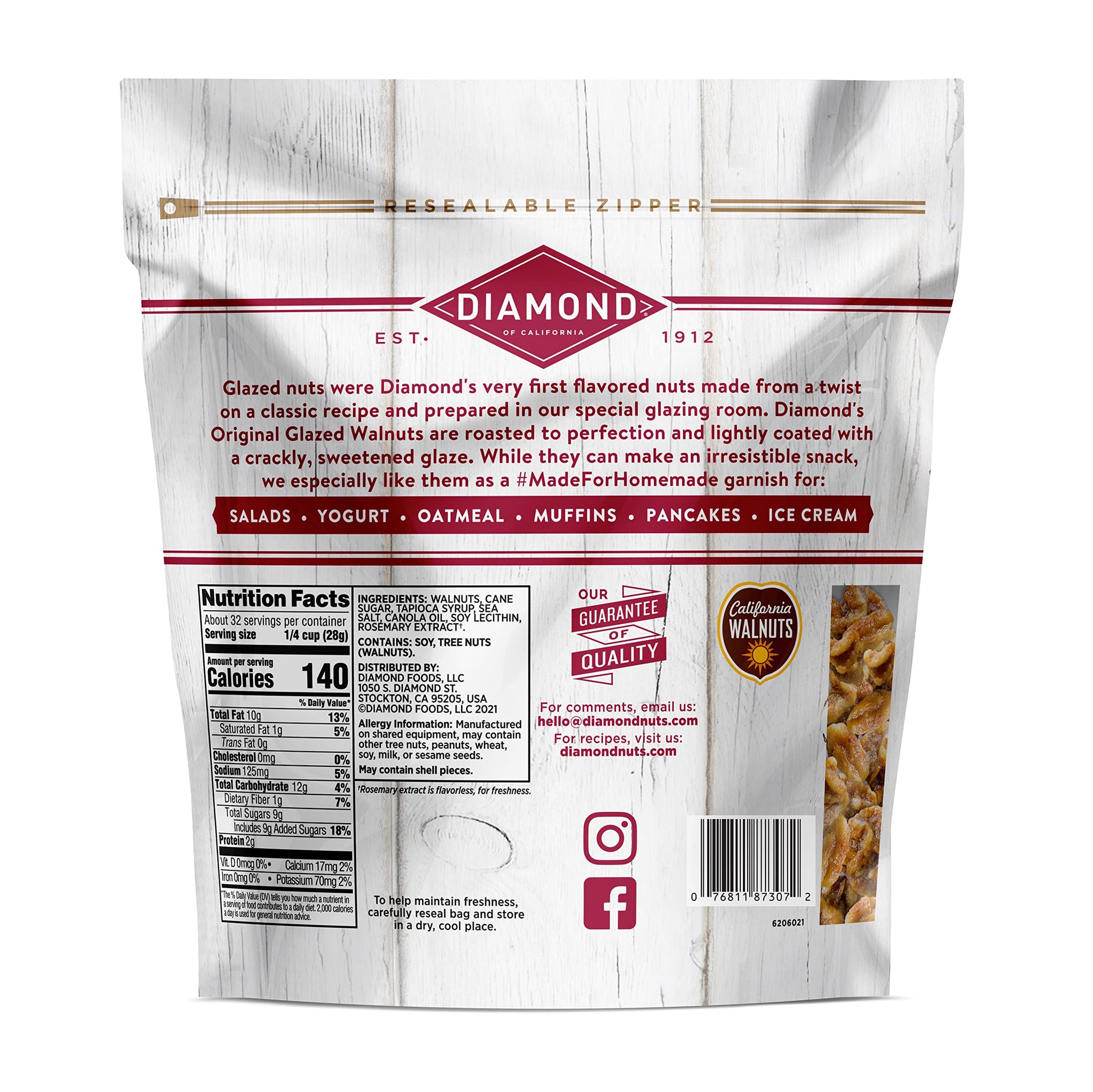 Diamond Glazed Walnuts in 2 Pound Bag - roasted and sweetened California-grown nuts