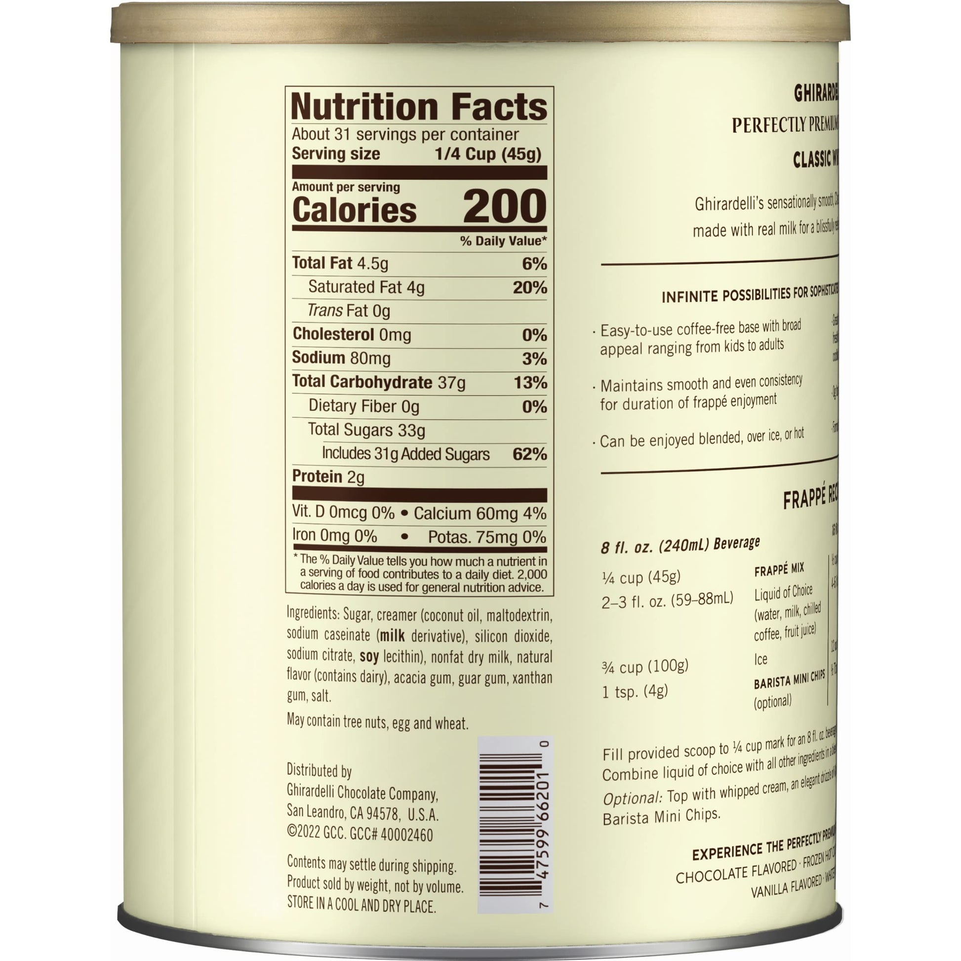 Ghirardelli Classic White Chocolate Frappe Beverage Mix 50 oz can front view