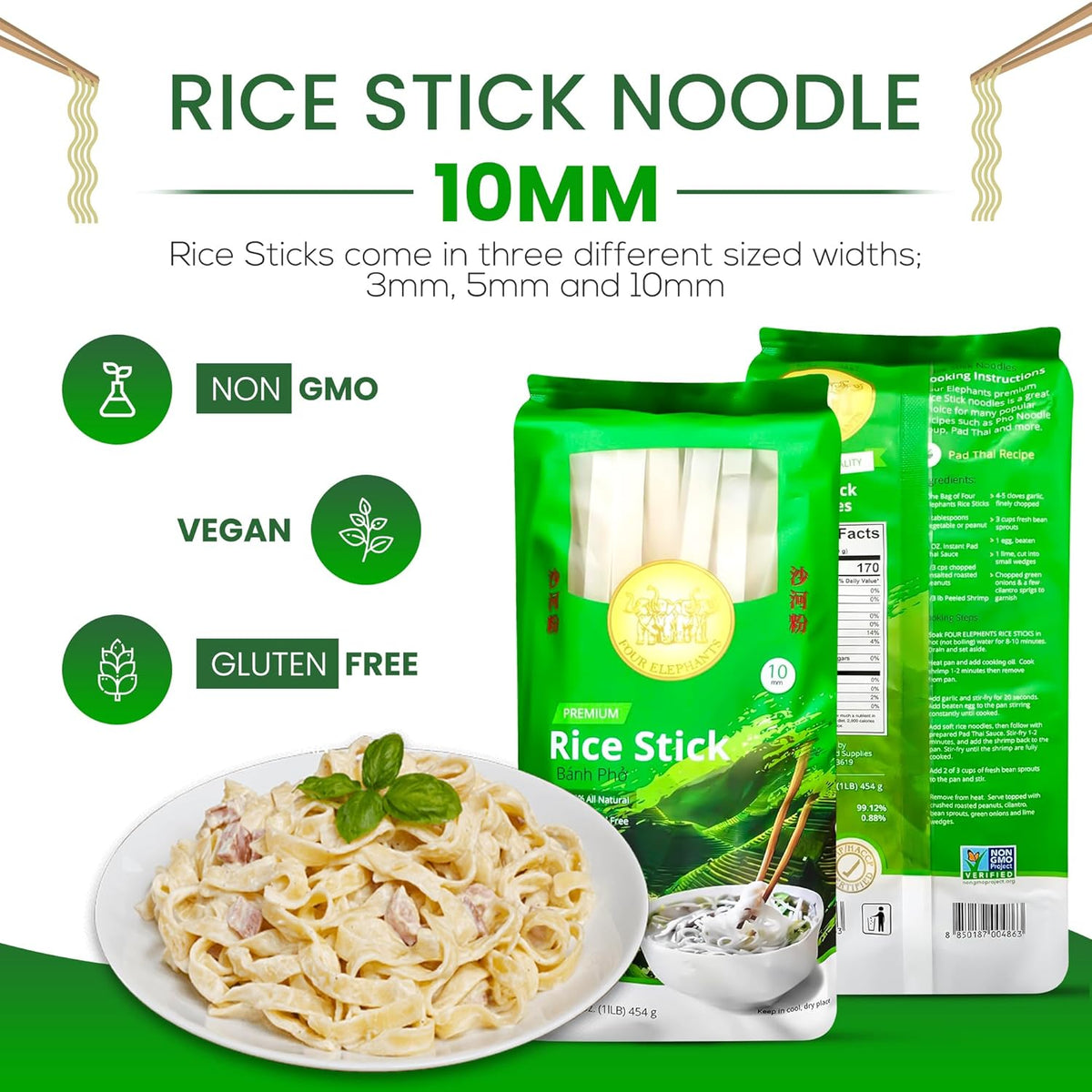 Four Elephants 10MM Rice Stick Noodles 16oz Bag - Authentic Asian Wide Rice Noodles