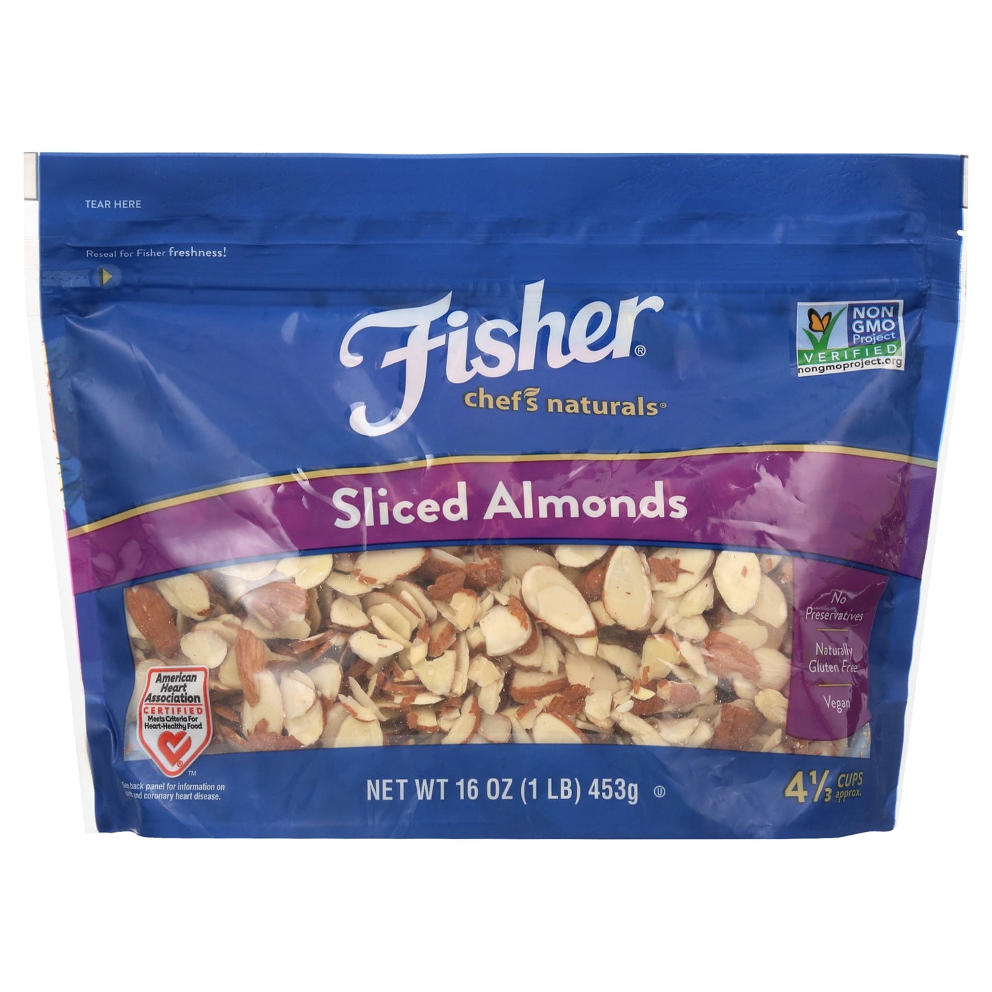 Bag of Fisher Sliced Natural Almonds, 2 lbs, non-GMO, unsalted