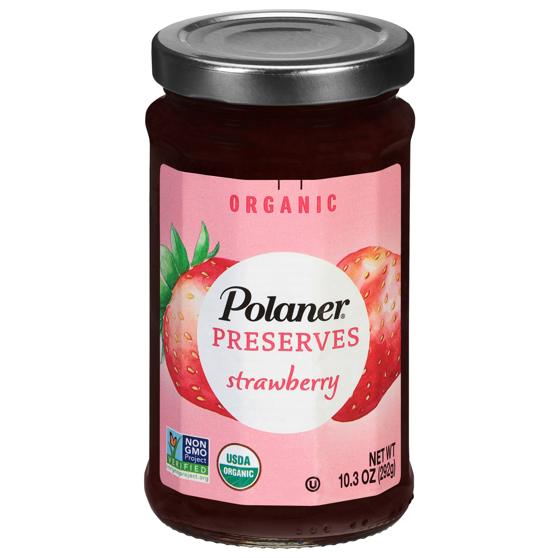 Polaner Strawberry Preserves 4 lb Jar with red fruit jam in clear packaging