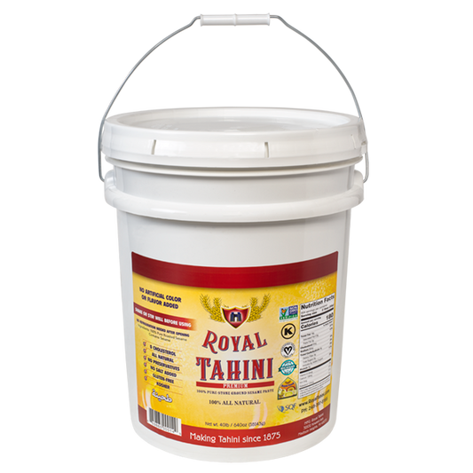 Royal Tahina Bulk 40 lb pail - premium smooth sesame paste container front view