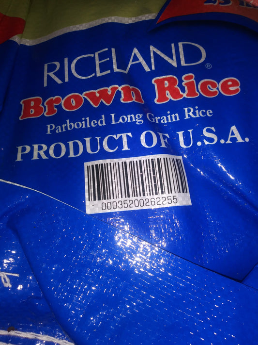 Front view of Riceland Parboiled Brown Rice 25 lb bag