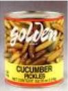 Jar of Golden Foods Mini Cucumber Pickles featuring 90-110 crisp pickles inside
