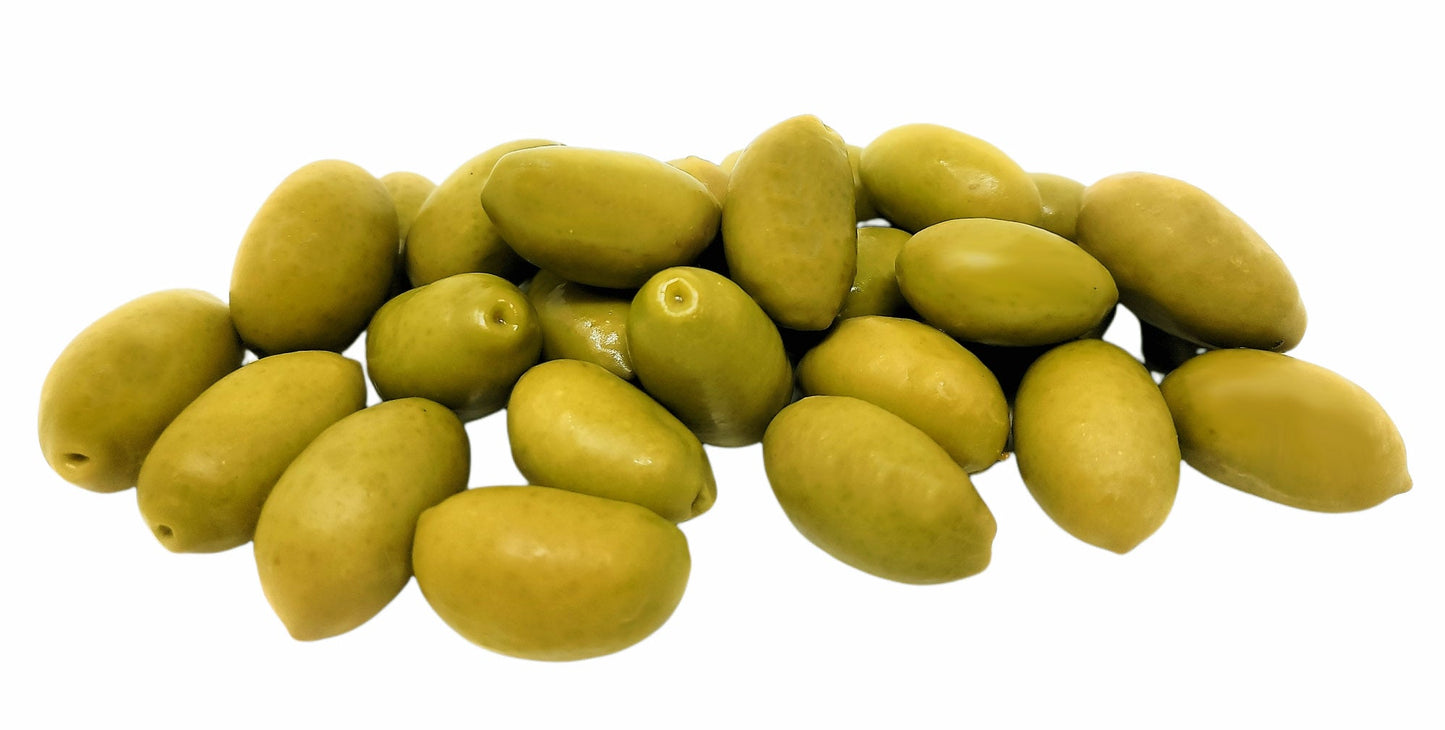 Frutto D'Italia Green Cerignola Olives in large glass jar, Italian gourmet olives